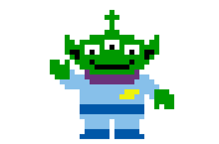 A cute pixel-art three-eyed green space alien waving