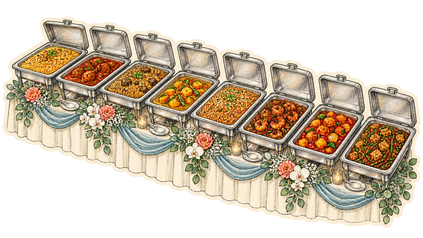 A sketched wedding buffet with open silver chafing trays filled with food