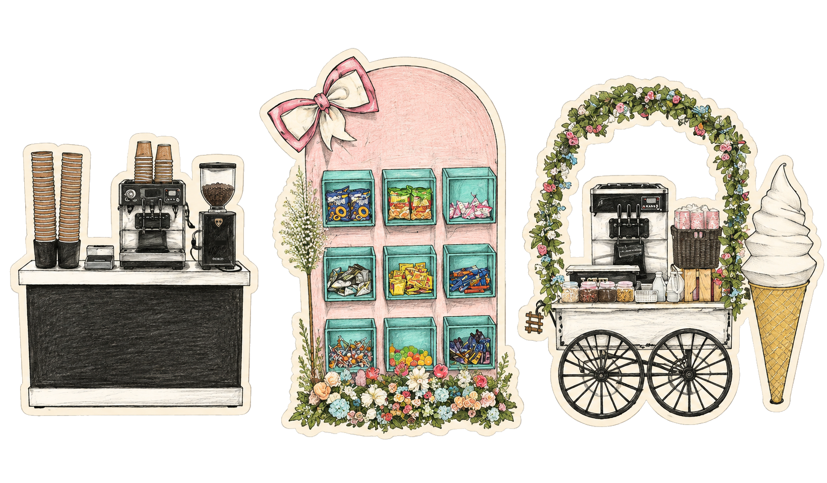 Sketched stickers of the wedding coffee cart, candy wall and ice-cream cart