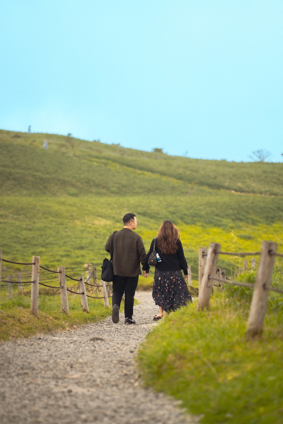 Declann and Afrina walking hand in hand through a field