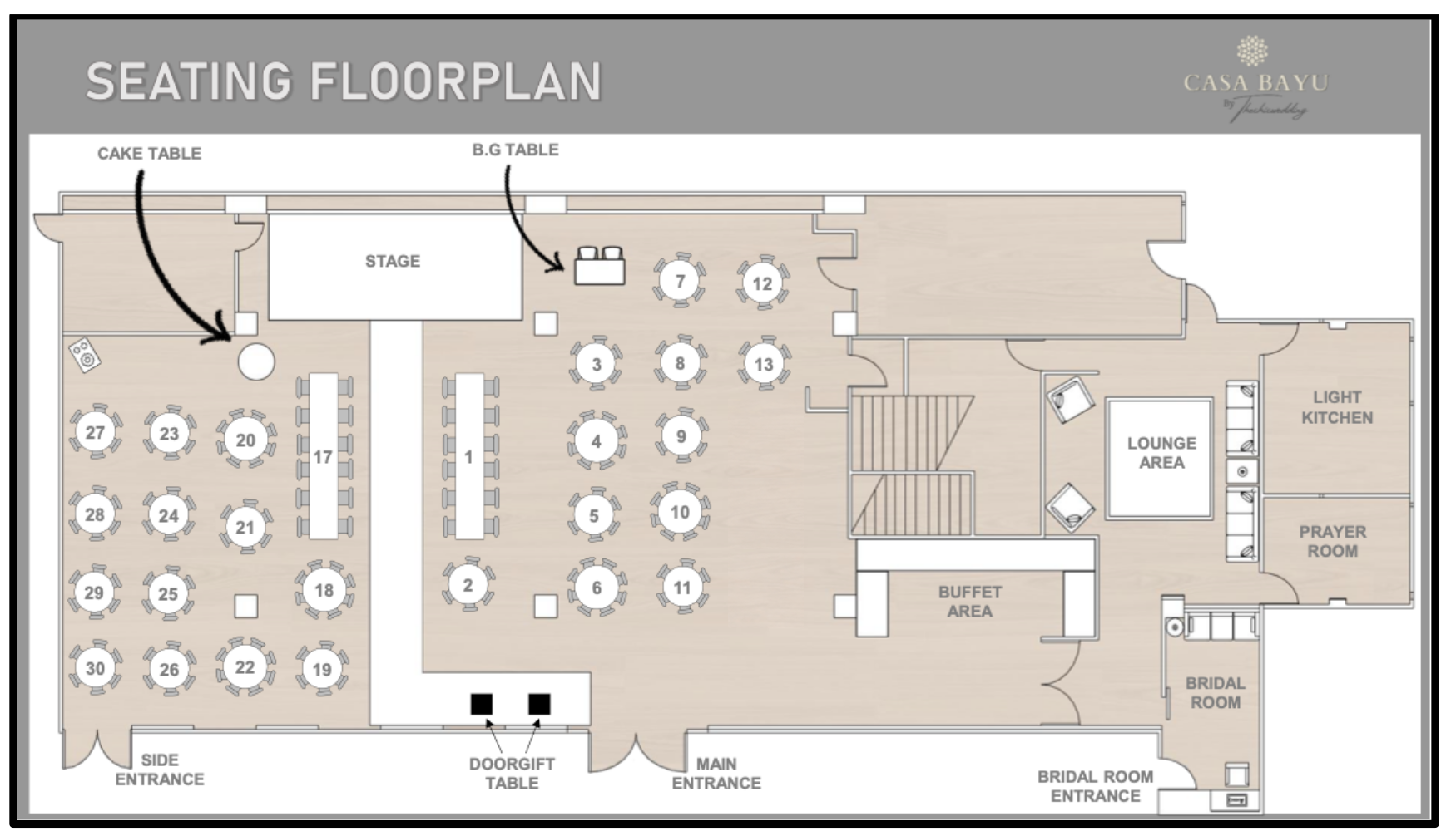 Casa Bayu seating floor plan showing the stage, entrances, facilities and current tables